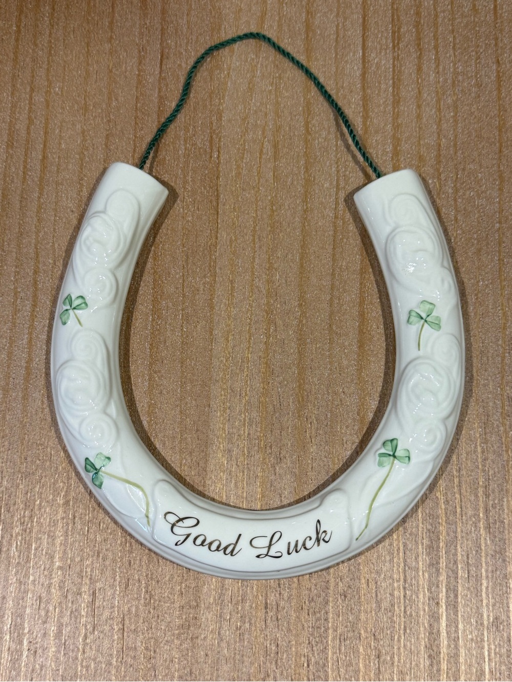 Belleek Good Luck White Ceramic Horseshoe Wall Decor with Green Accents